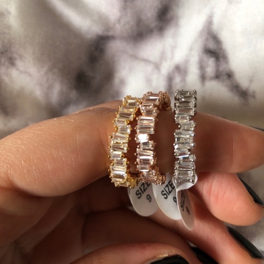 Baguette Diamond Rose White Gold Thin Stacker Ring - Picture 3 of 6